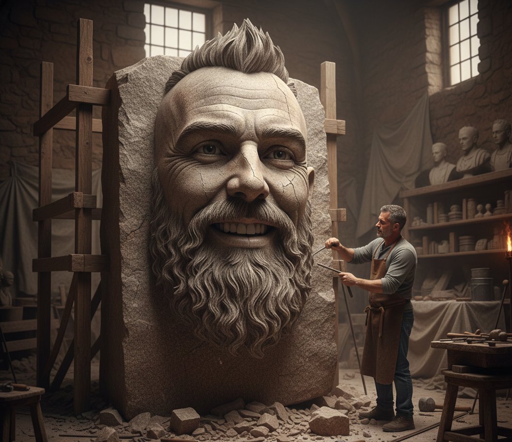 雕塑家雕刻巨石雕像