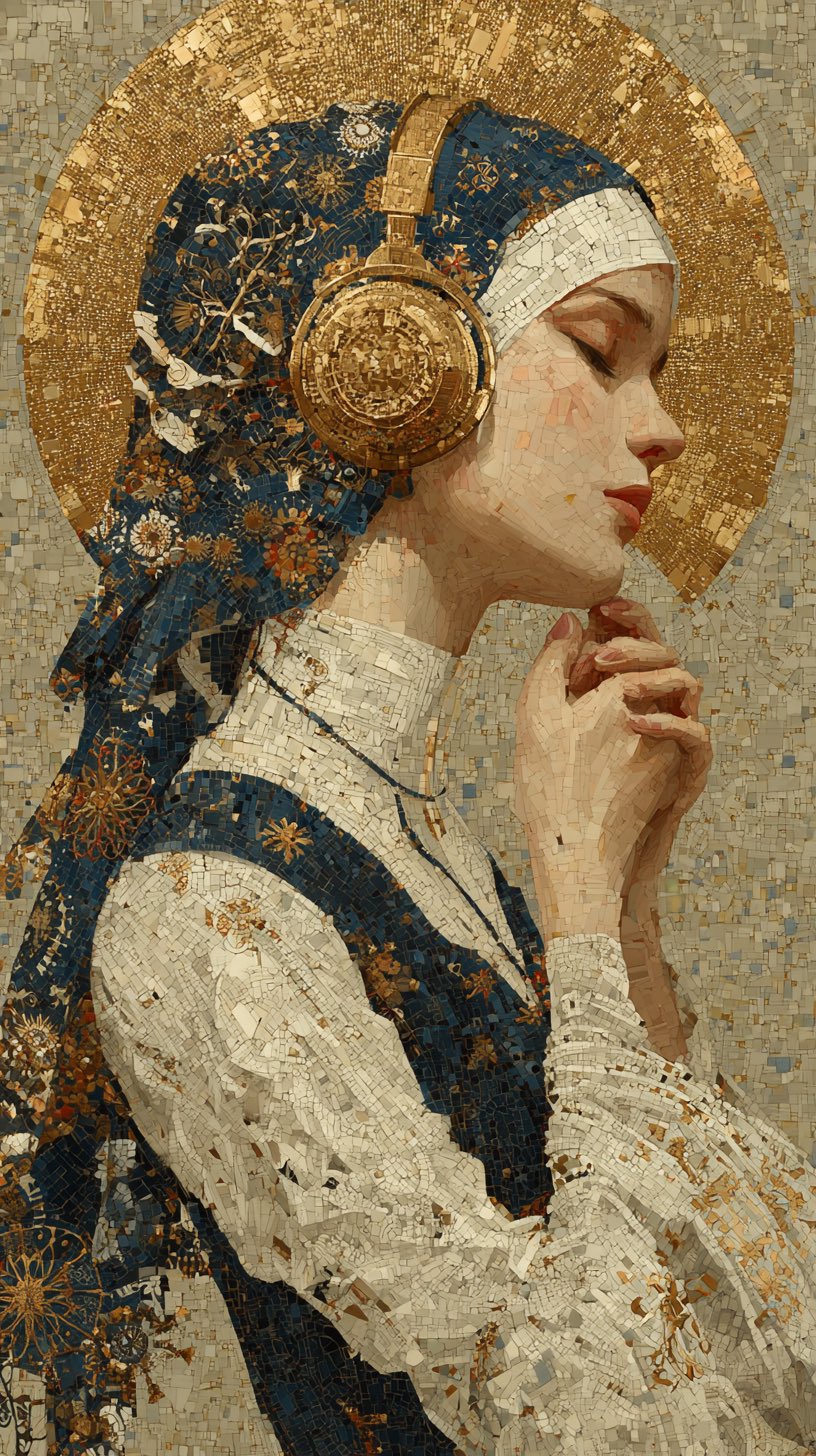 宁静的年轻修女头像，闭目祈祷，佩戴传统修女装束和花饰头巾，头戴华丽金色耳机，背后有金色马赛克光环，精细的油画混合马赛克艺术风格，柔和的灯光，空灵而沉思的氛围，神圣现代融合，复杂纹理，杰作，8k。