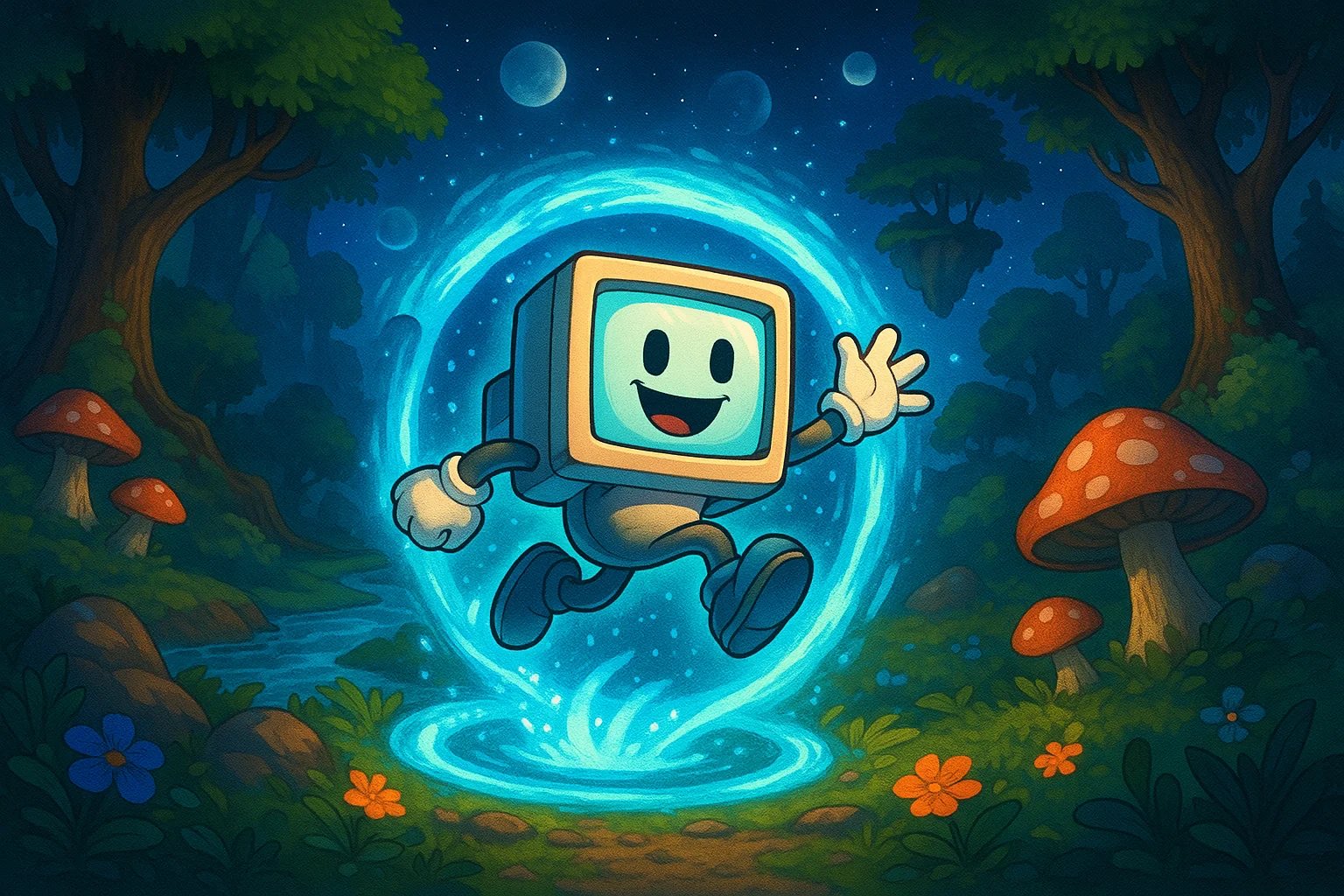 卡通风格角色通过蓝色圆形传送门跳跃在奇幻森林