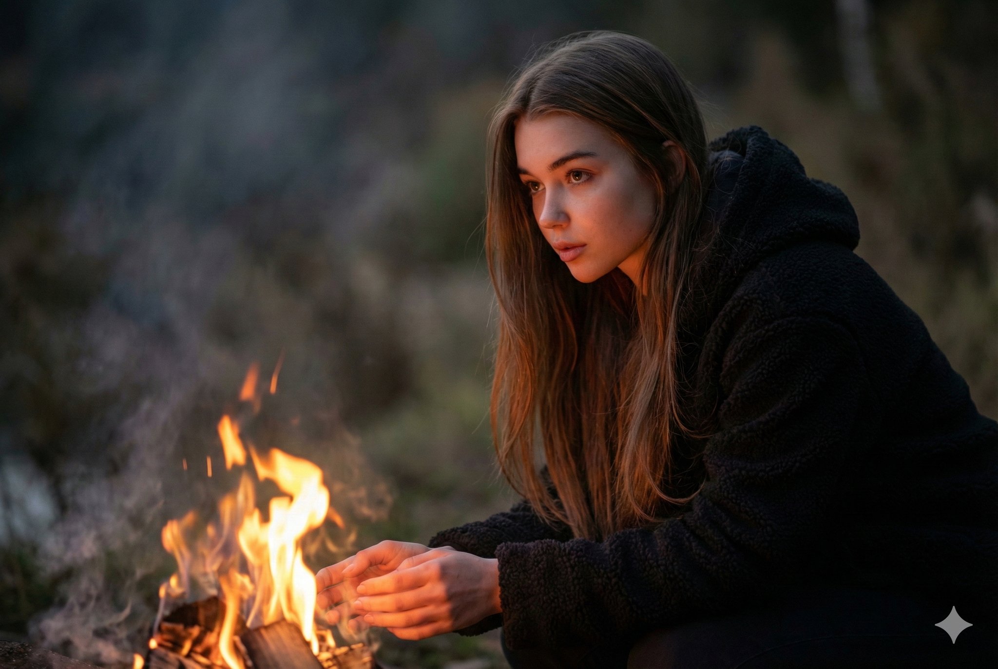 夜晚篝火旁的女性肖像