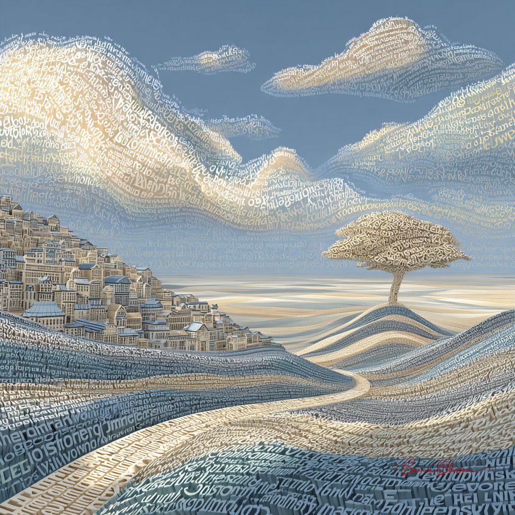 层叠文字构成的海滨村庄
