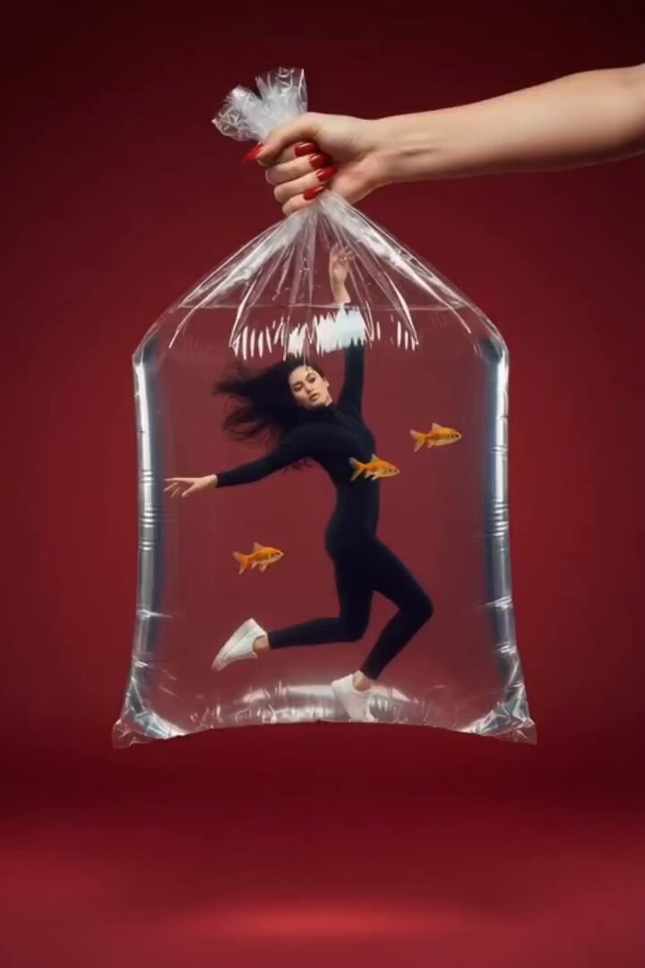 超现实时尚摄影：年轻女性漂浮在巨型透明塑料水袋中