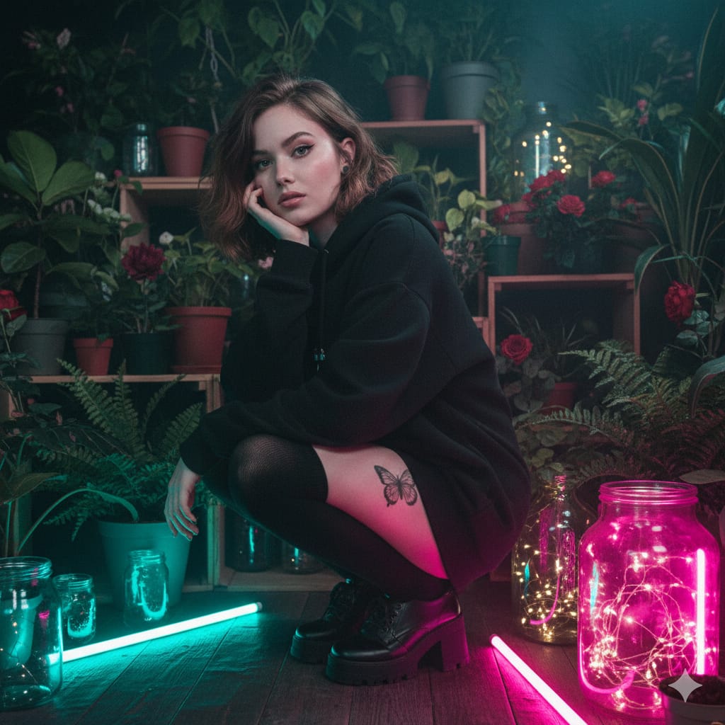 暗色调舒适室内植物环绕的年轻女性肖像