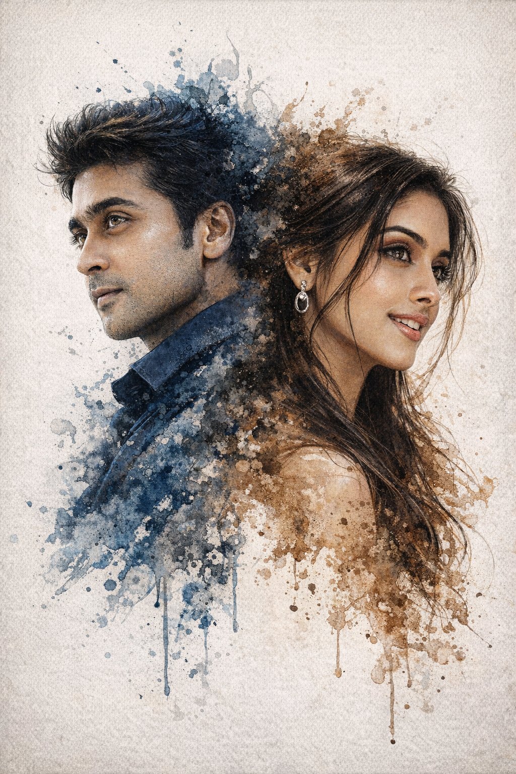 墨水泼溅纸张上的超现实主义男女肖像