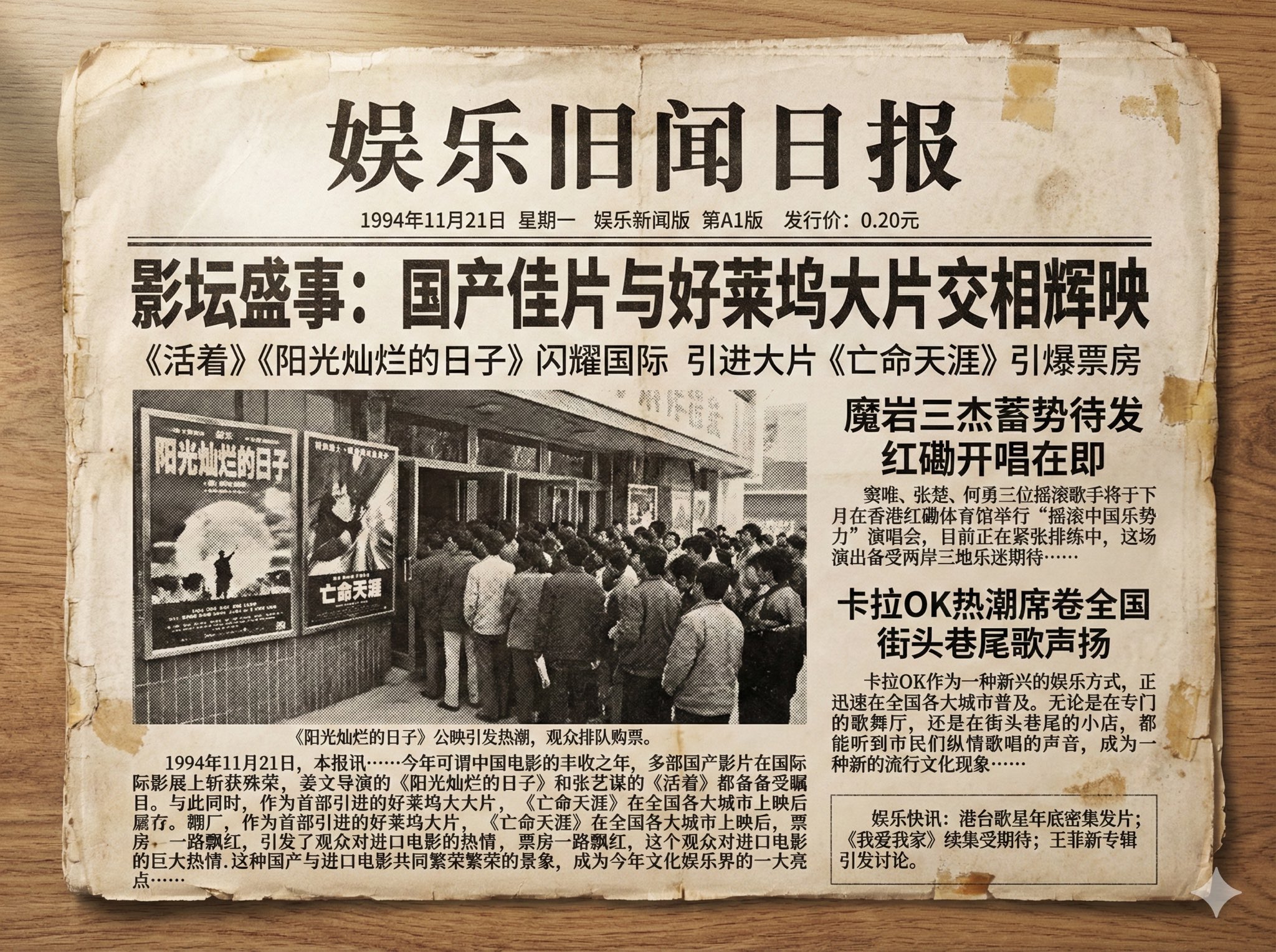 1994年11月21日中国娱乐头版旧报纸