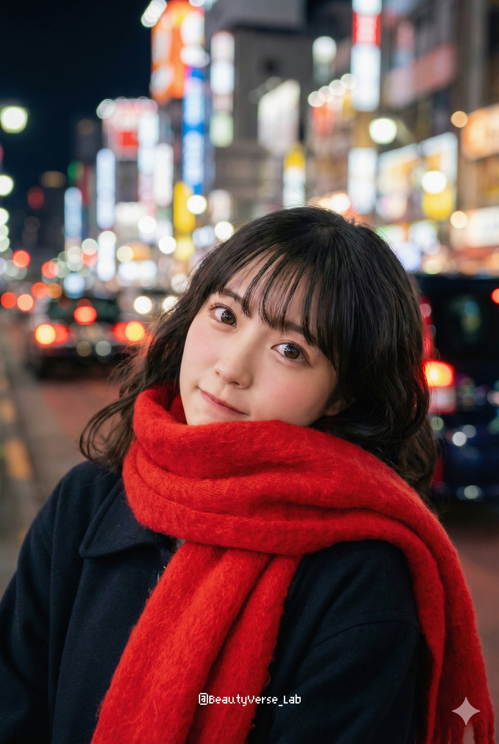 冬の夜の街角に立つ美女