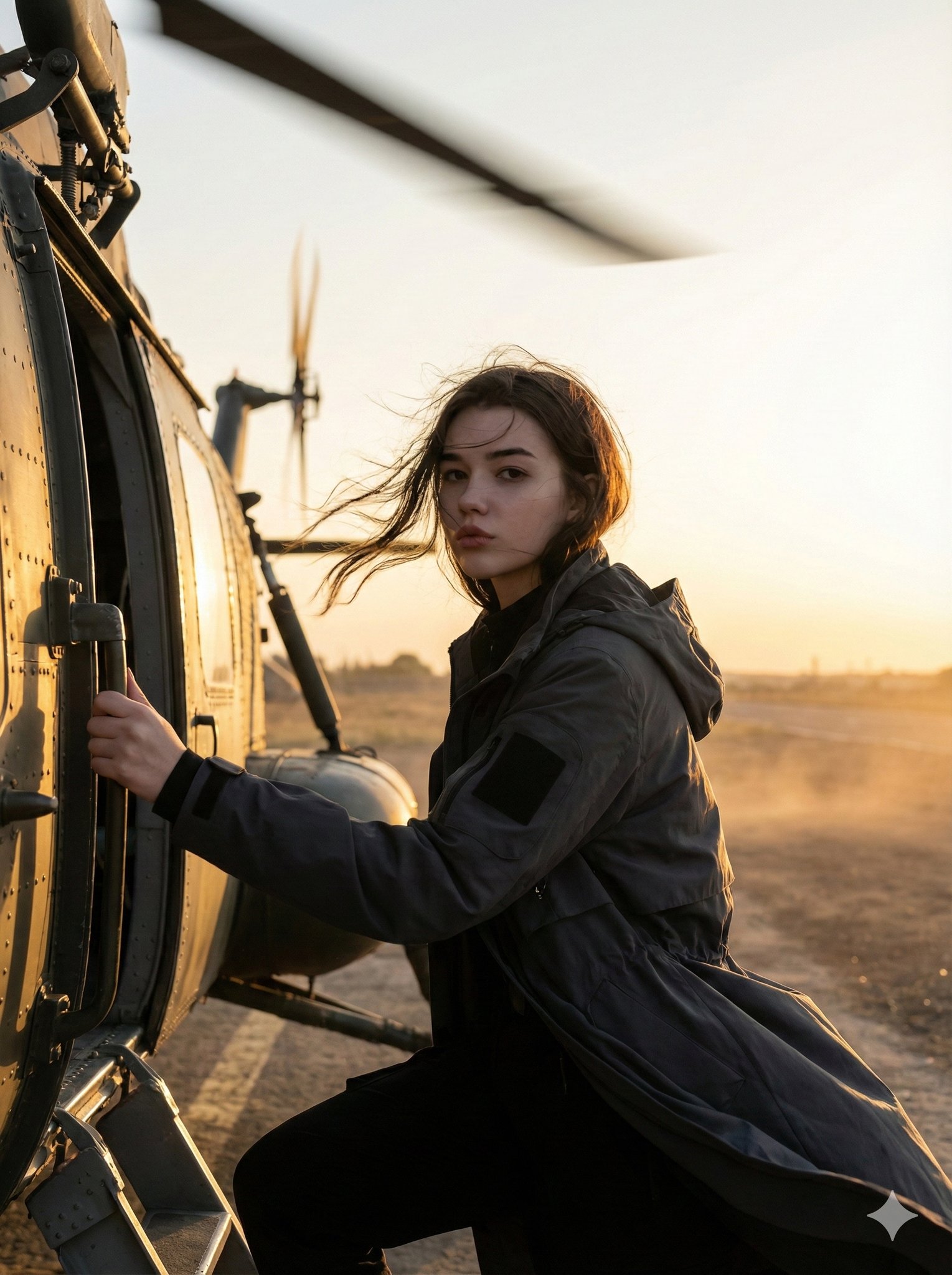 自信女性进入直升机