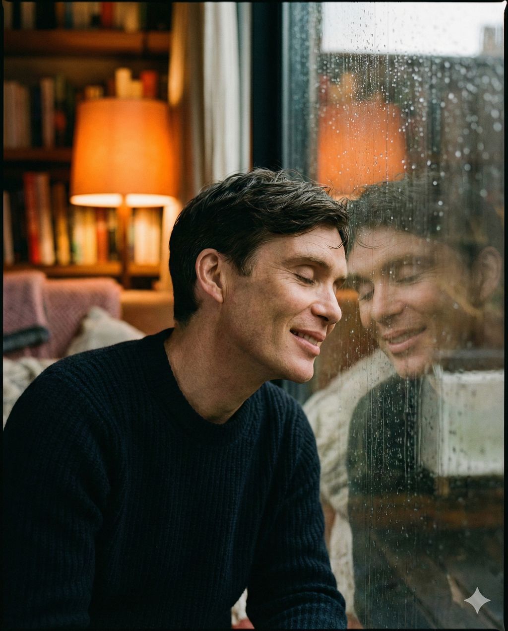 室内温馨照片，人物脸贴雨窗微笑