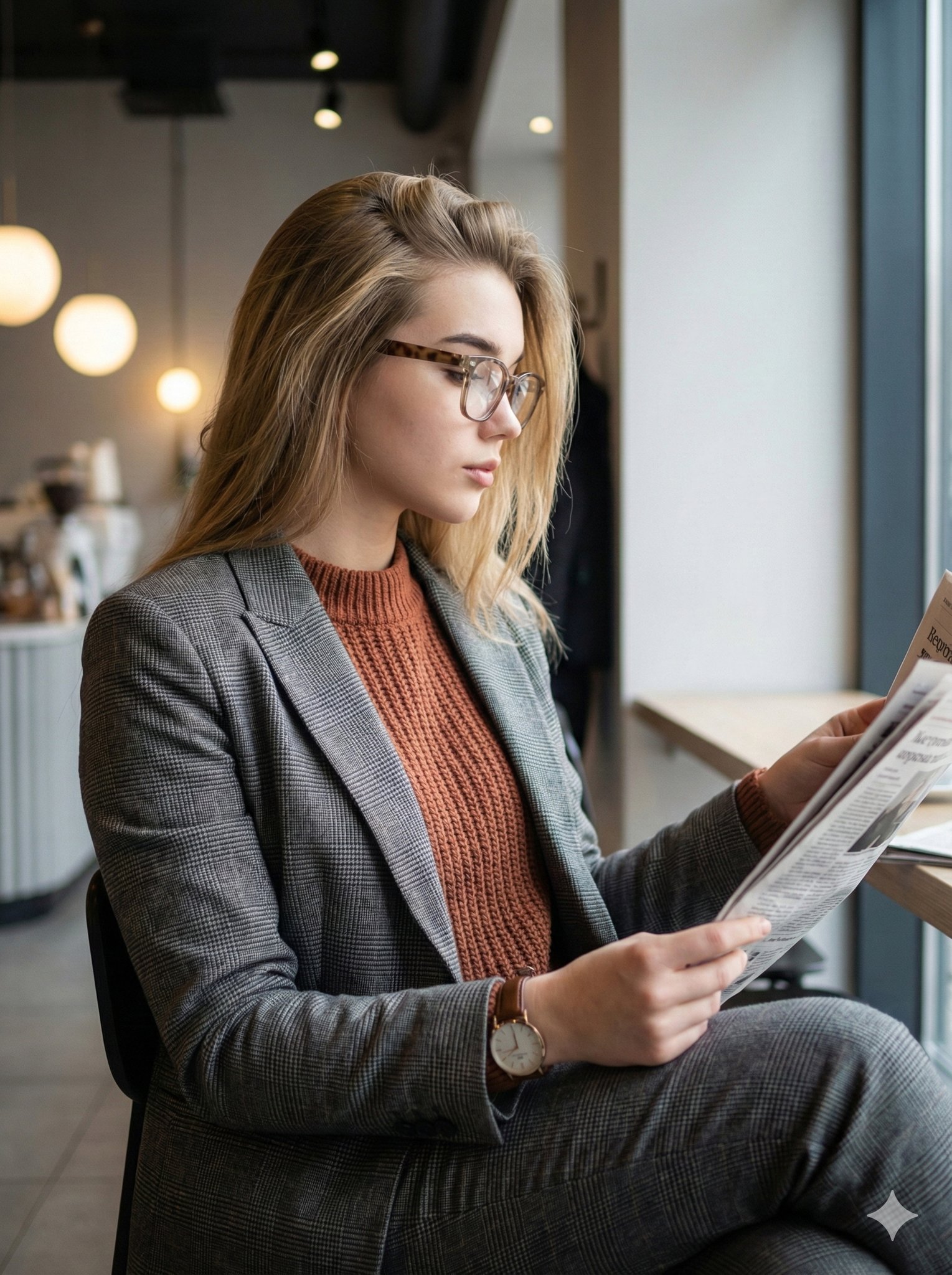 现代室内阅读报纸的女性肖像