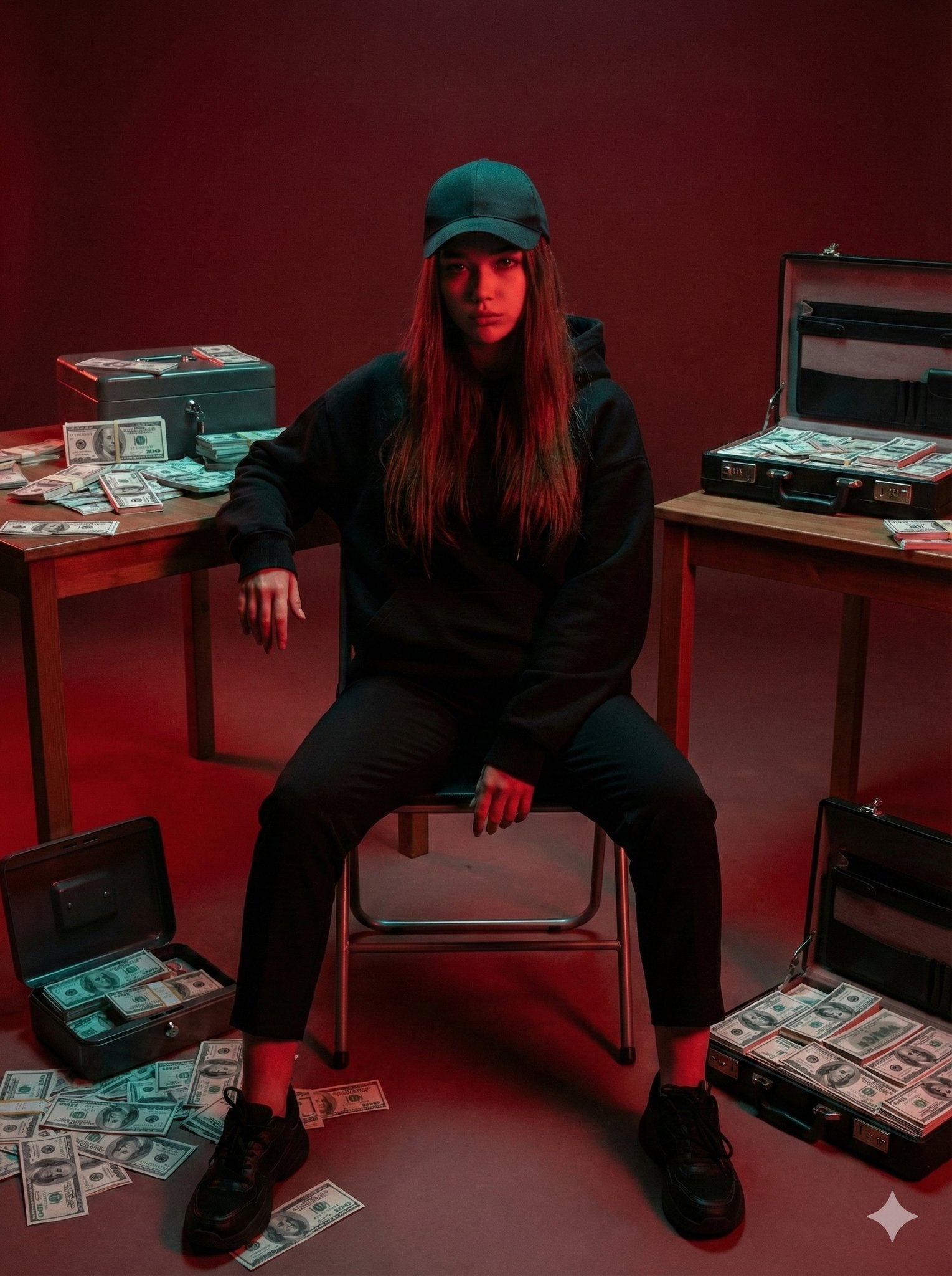 红光闪耀的现金房间中的女性肖像