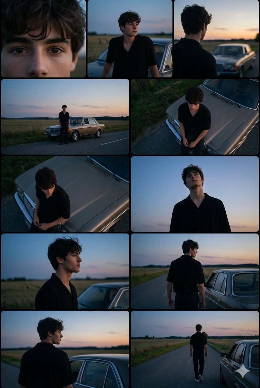 黄昏乡村公路上的经典车旁的年轻男子