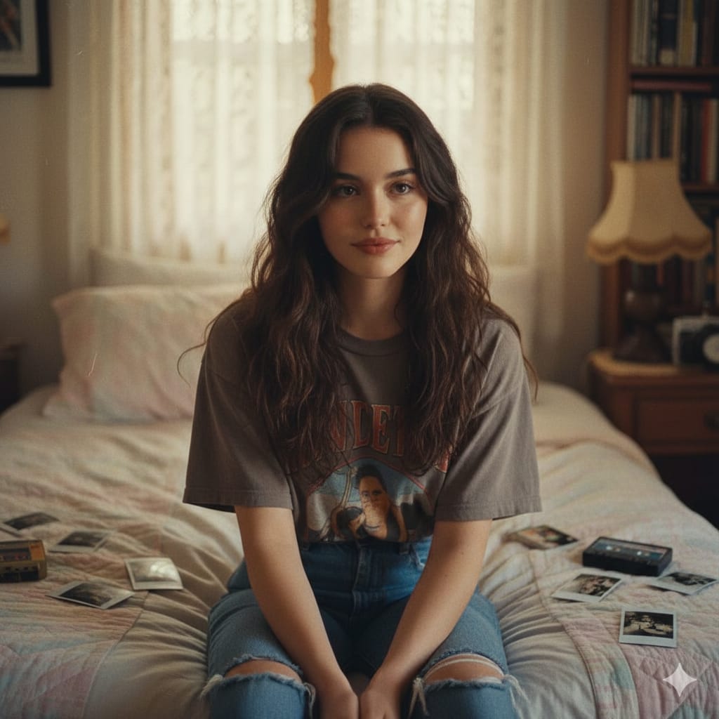 90年代卧室中年轻女性的特写肖像