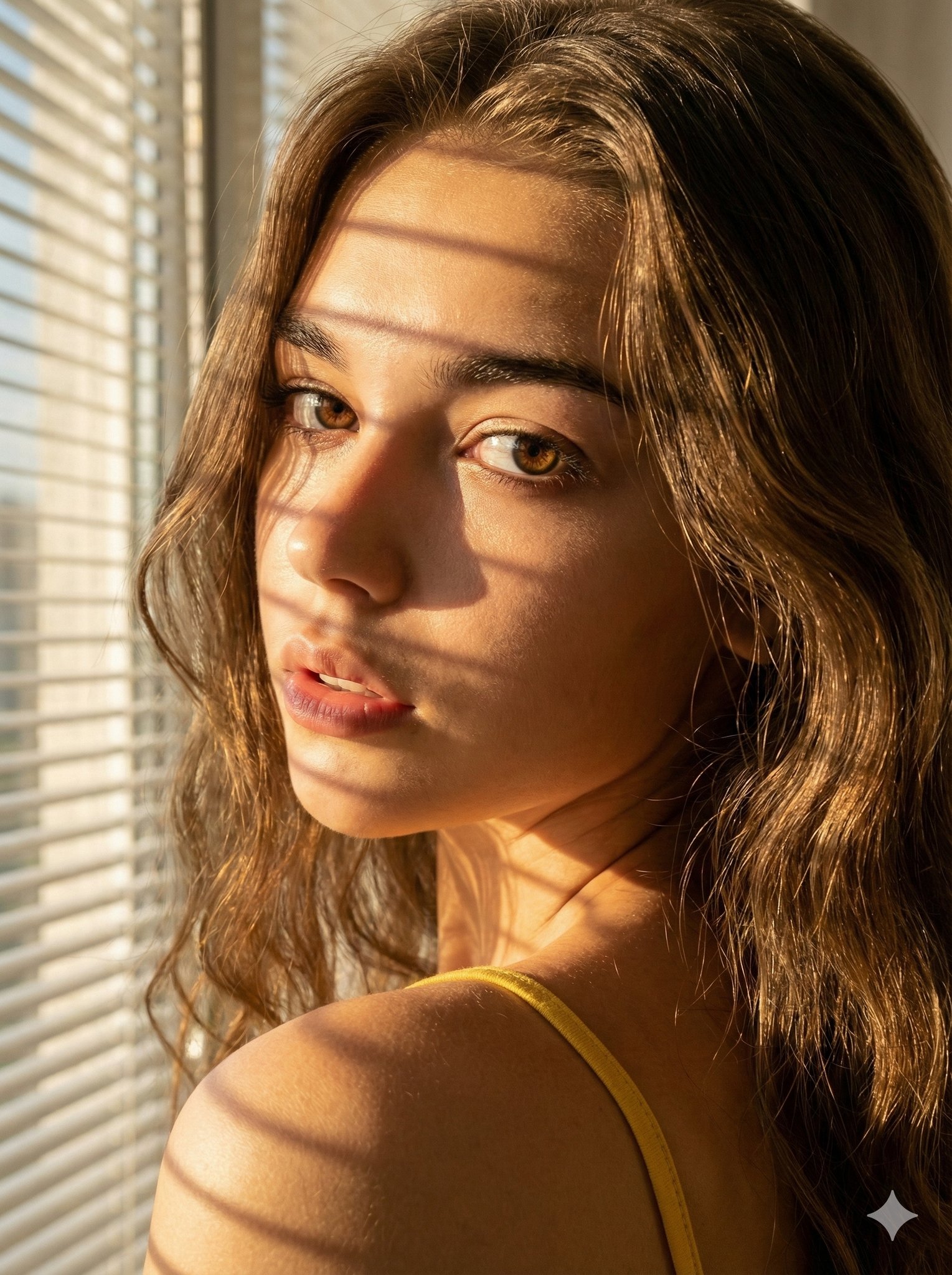 年轻女士的长波浪棕色头发特写