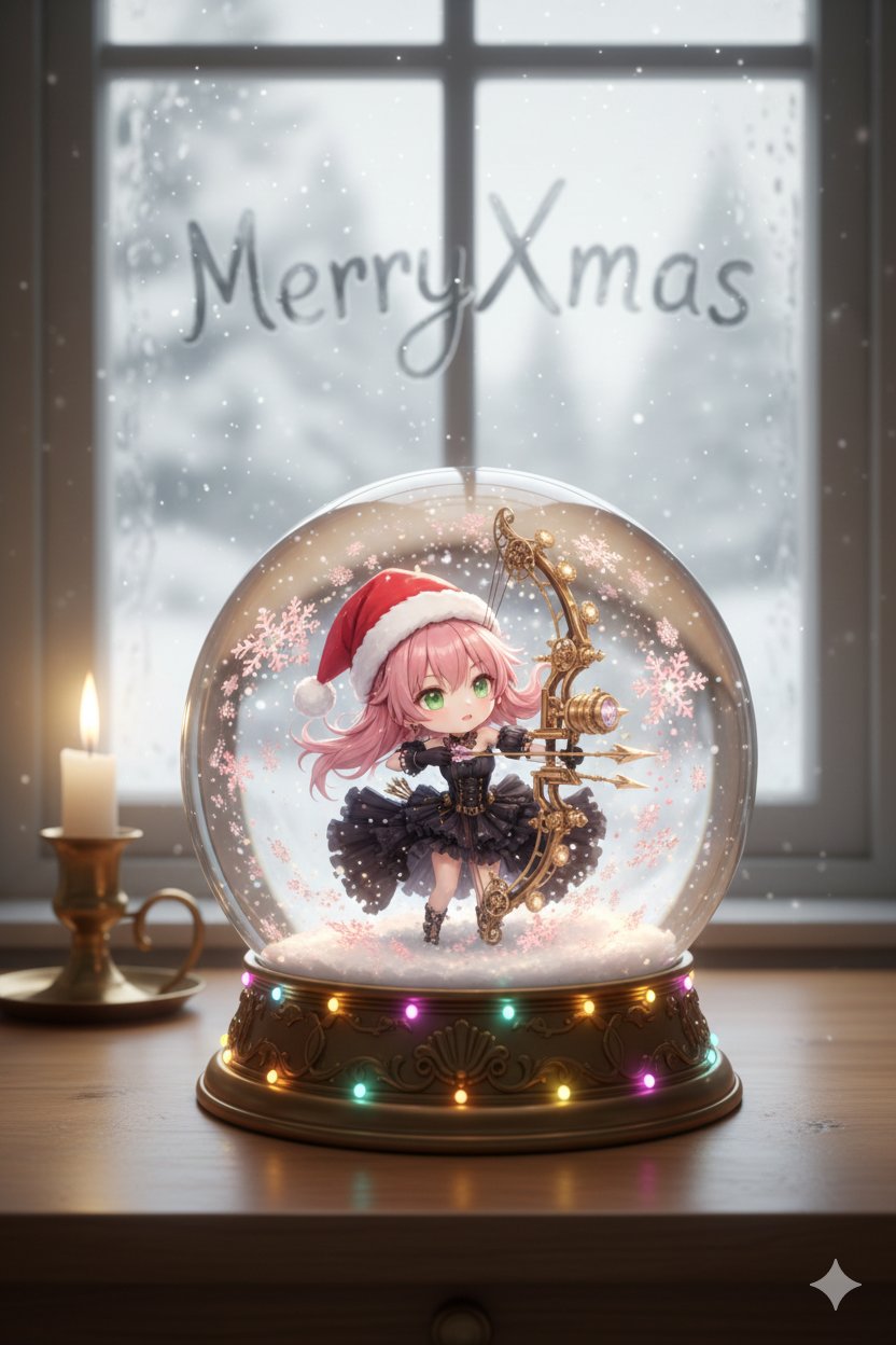 クリスマス先取りアニメデフォルメキャラと実写スノードーム