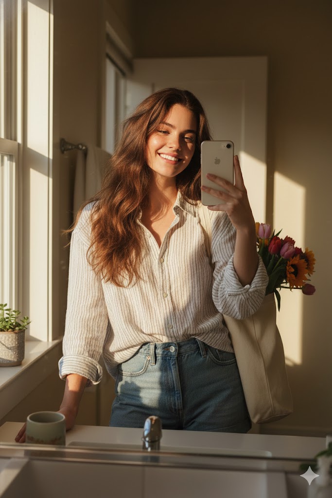 在家前拍摄镜自拍的女性