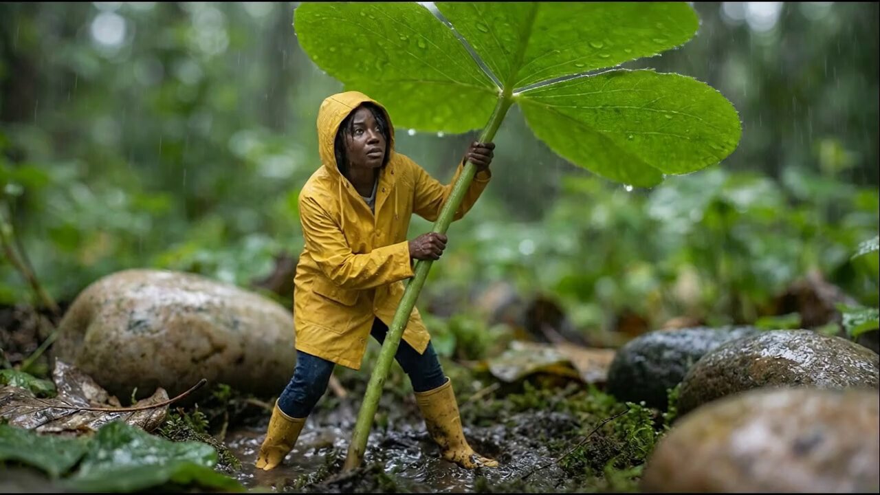微观摄影：雨中黑衣女子与巨型三叶草