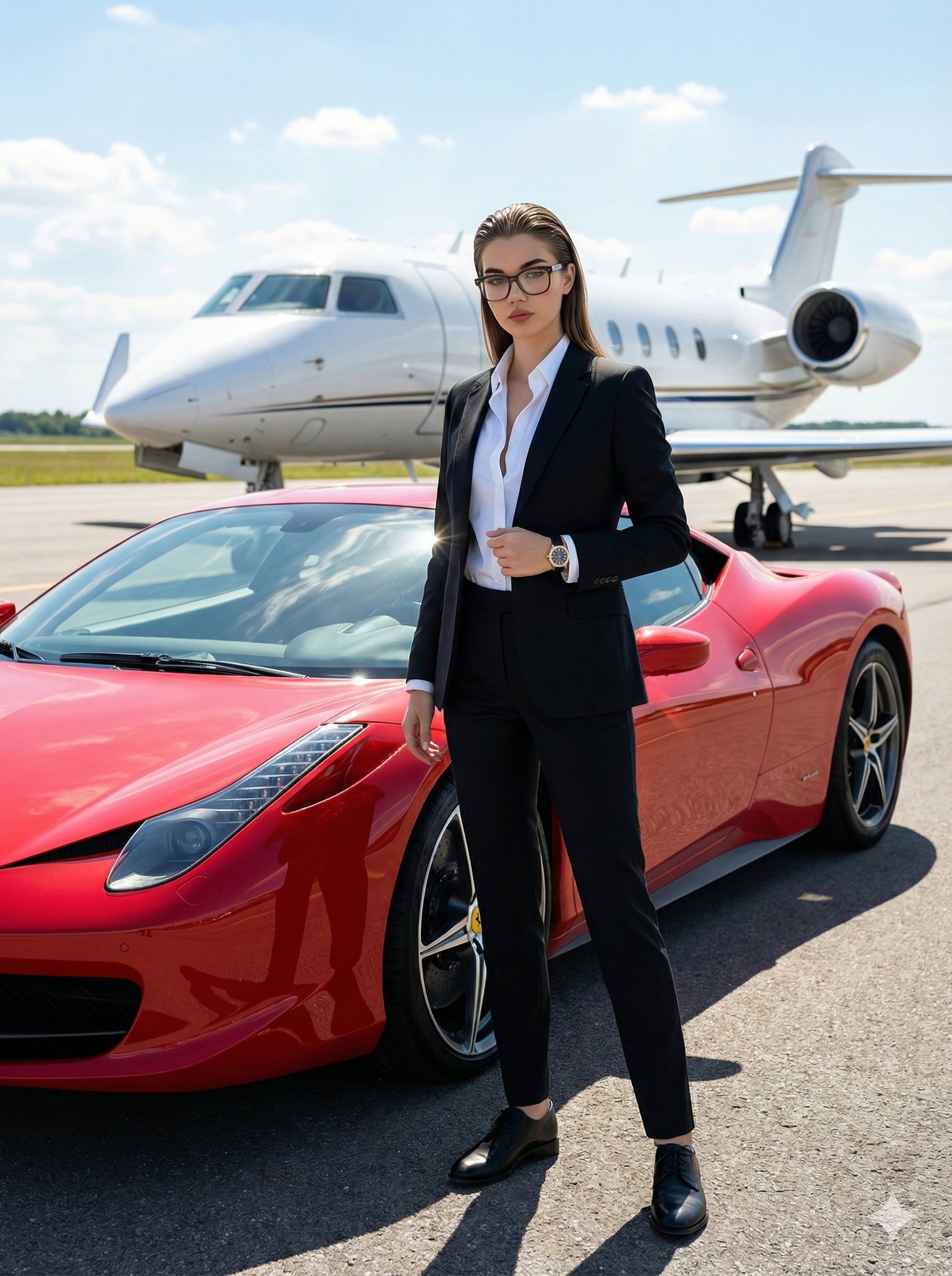 豪华女性肖像与跑车及私人飞机