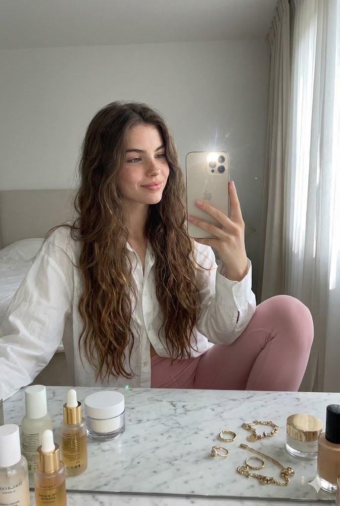 Nano Banana Pro 引用图像：女性在白色大理石梳妆台前拍镜自拍