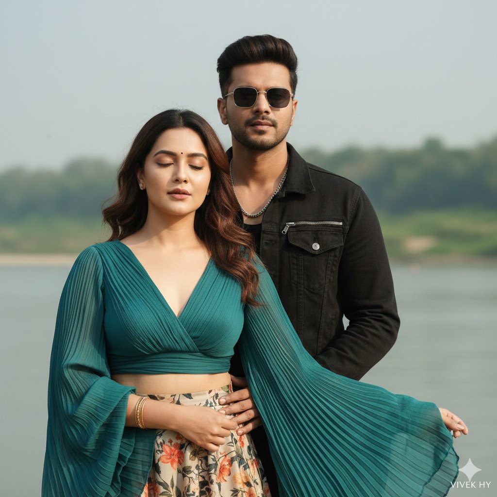 河边日光的浪漫双人肖像