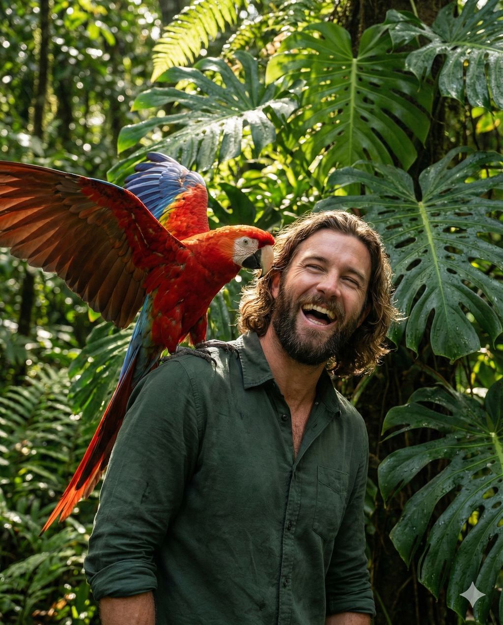 热带雨林中人与鹦鹉的合影