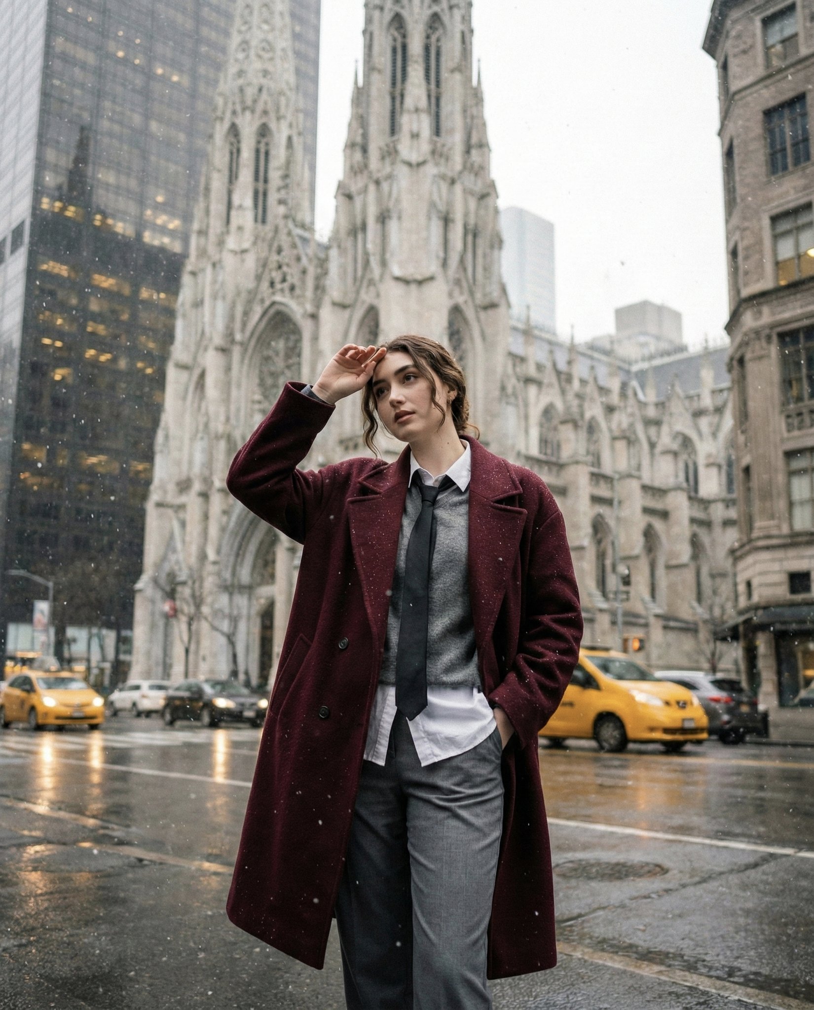 雨雪中的年轻女性