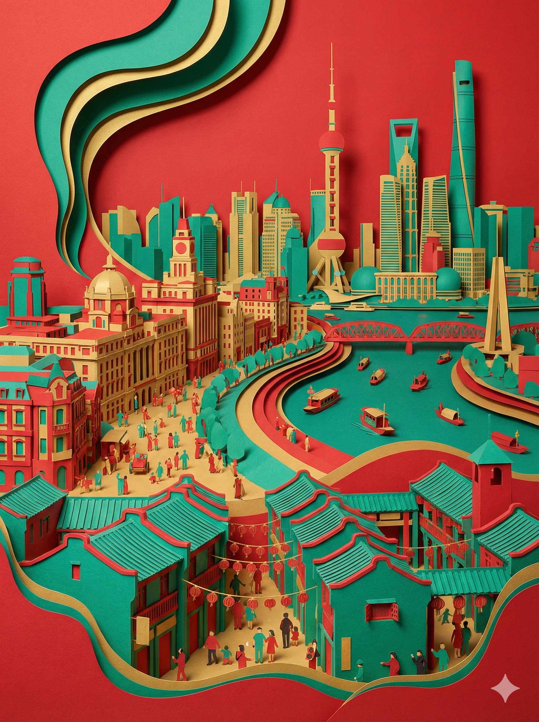 大胆鲜艳的撞色城市纸雕立体模型