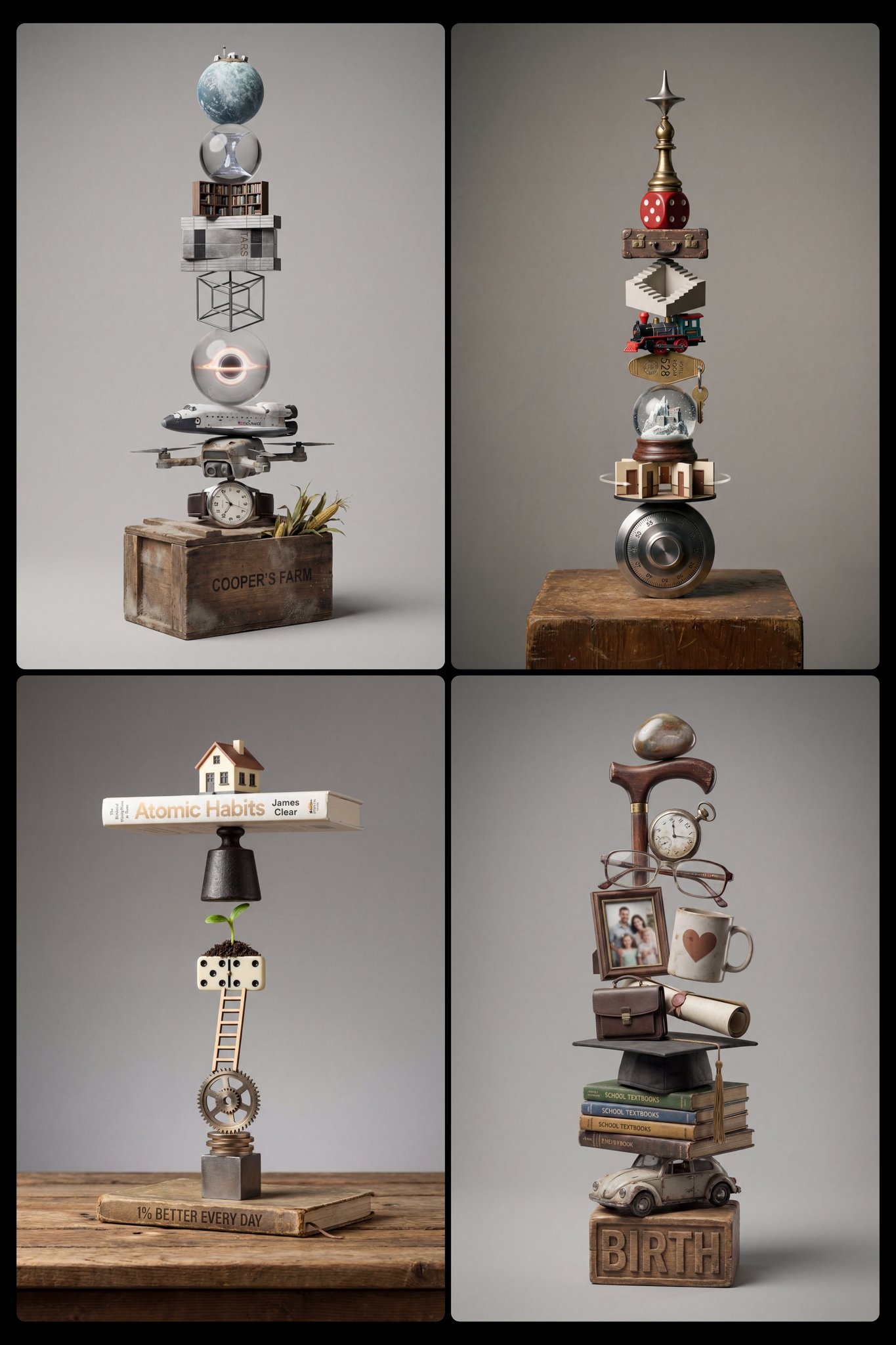 纳米香蕉专业版：象征[主题/电影/书籍]，垂直堆叠的10件物体，中心位置，工作室灯光，高清晰度摄影