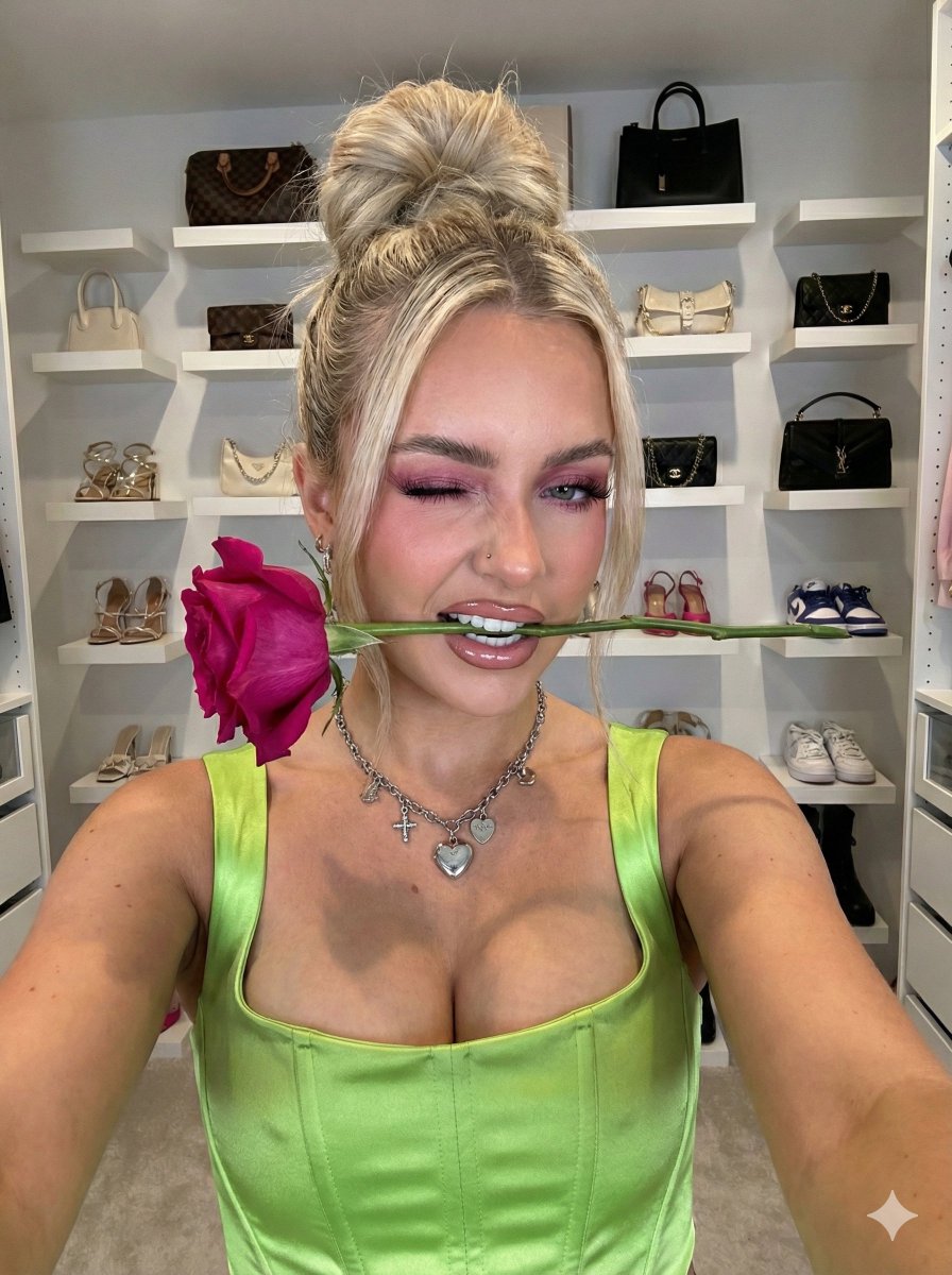 Gemini Nano Banana Pro - 年轻女子，咬着紫色玫瑰