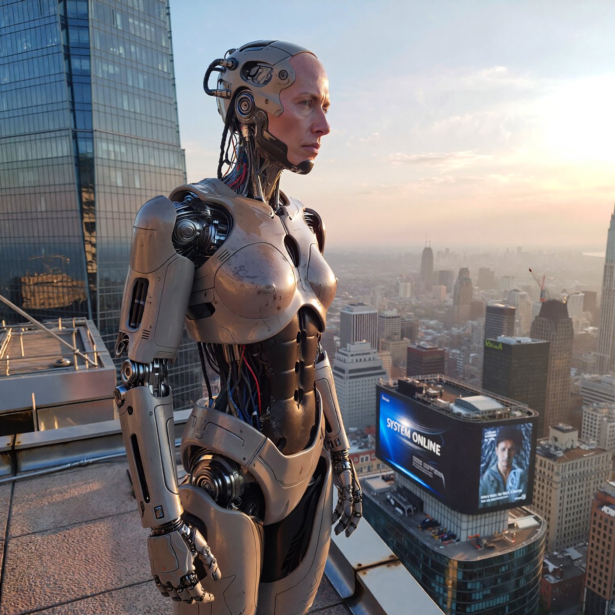 城市黎明时分的人形机器人