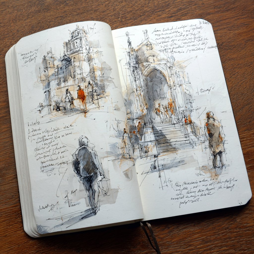 都市速写风格的水彩与墨水画