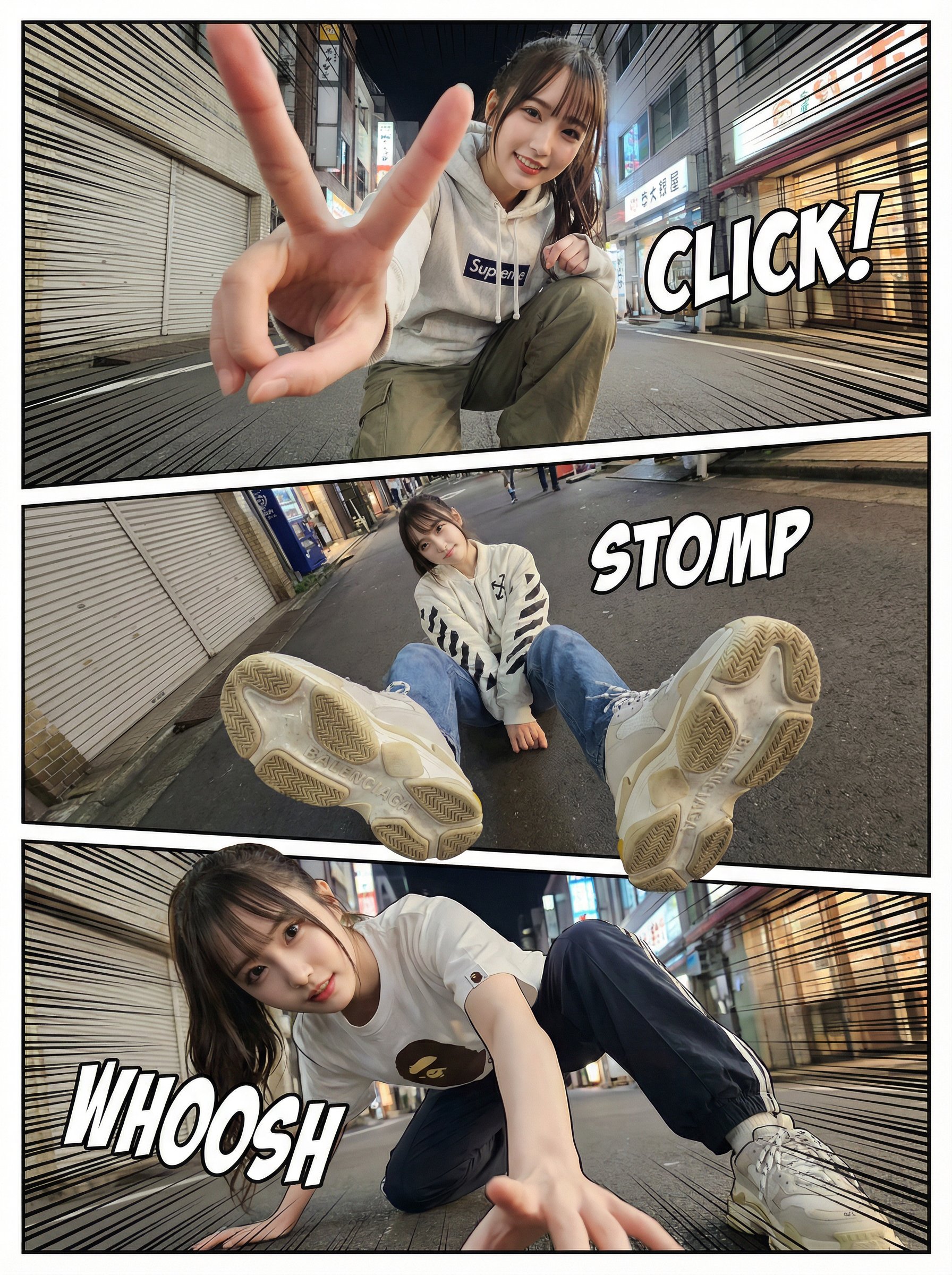 実写風の多角度写真から生成されたマンガ風シーン