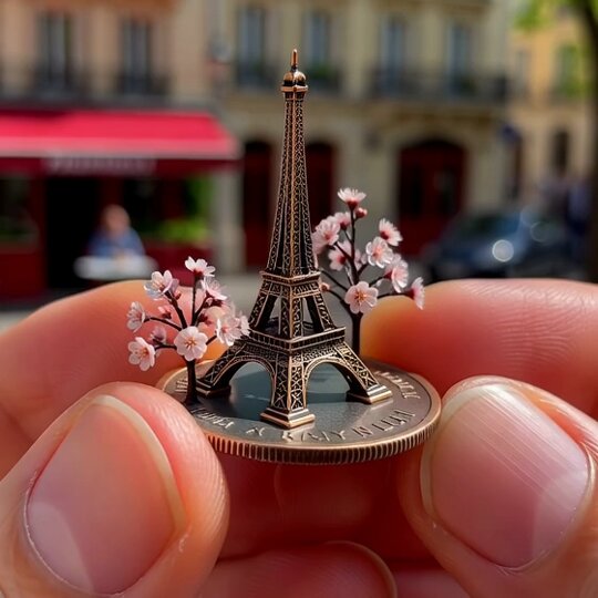 迷你细致铜质埃菲尔铁塔雕塑与法郎硬币的微距摄影