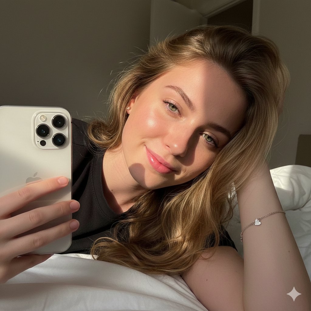 床上的年轻女性自拍