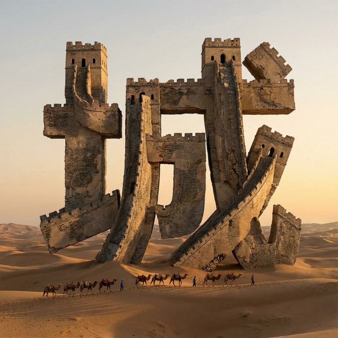 沙漠中的巨大石砌遗迹照片