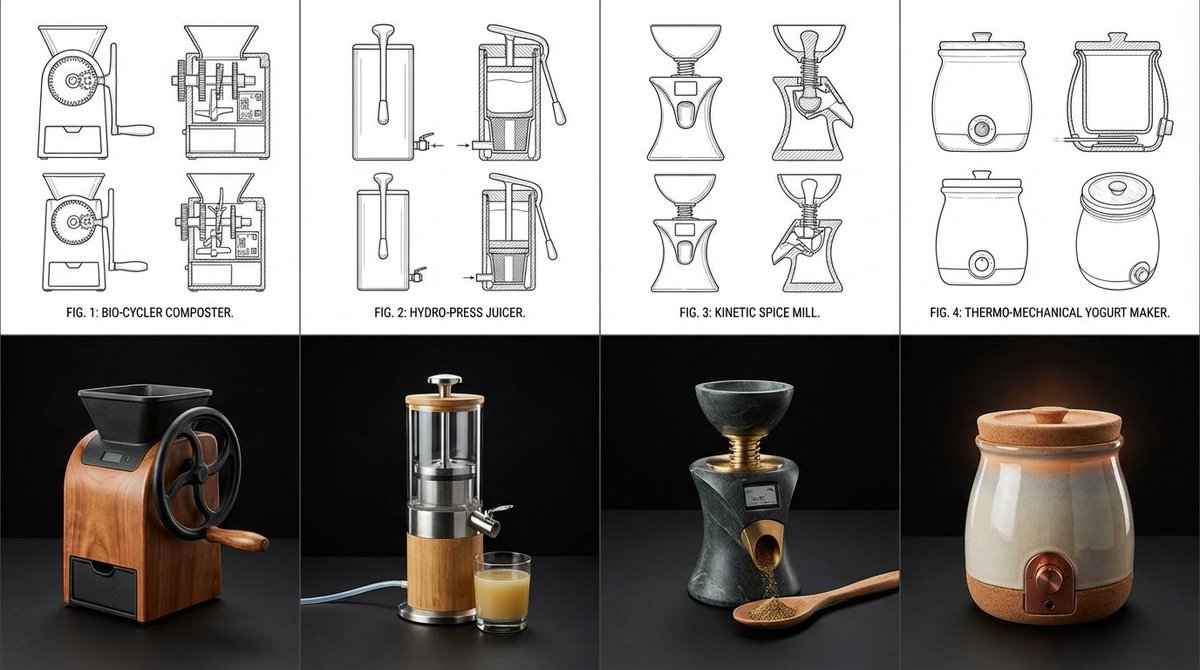融合复古机械原理与可持续生物材料的厨房用具