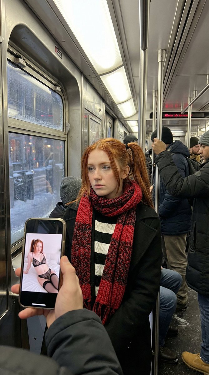 拥挤地铁中的年轻女性与手机屏幕