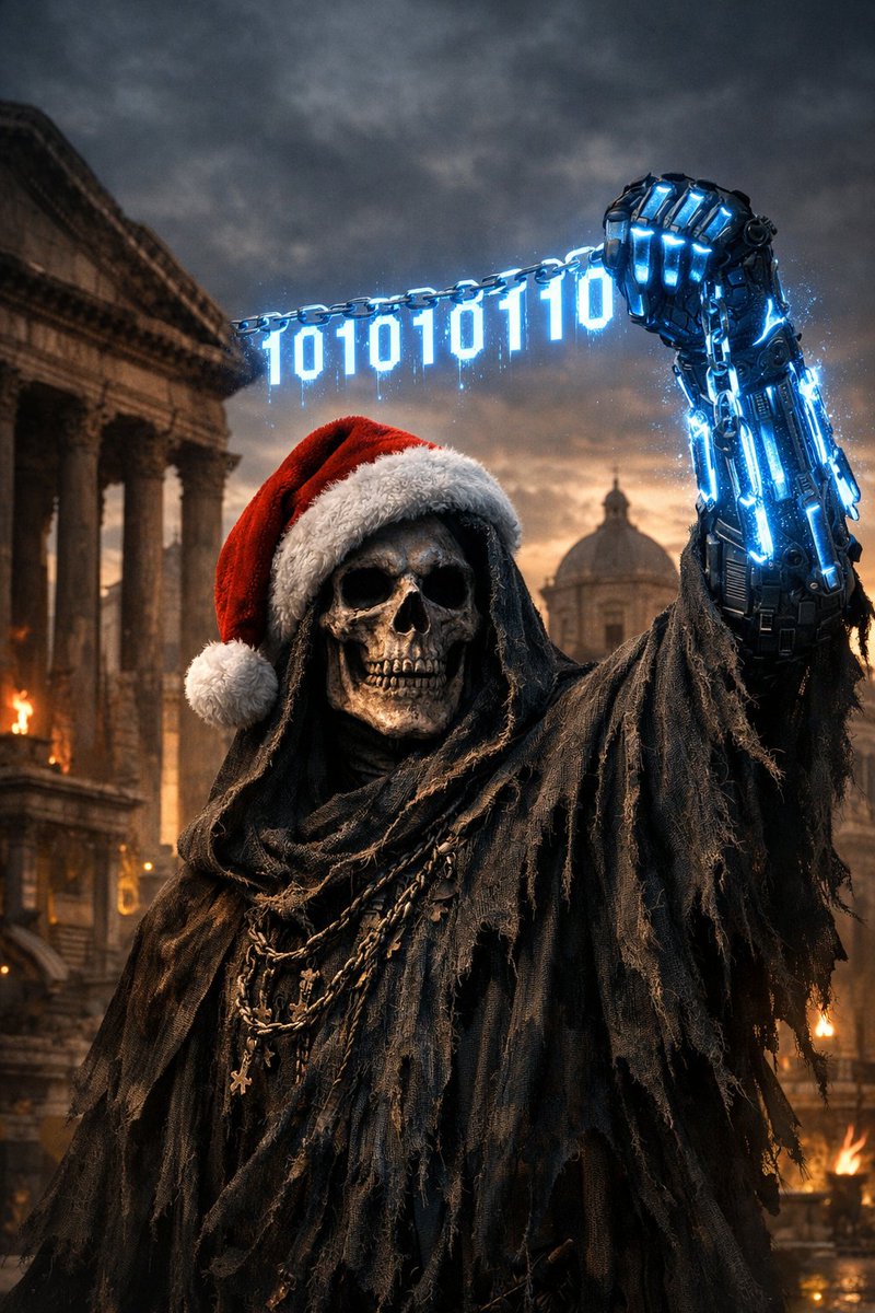 戴圣诞帽的斗篷死神与数字链条