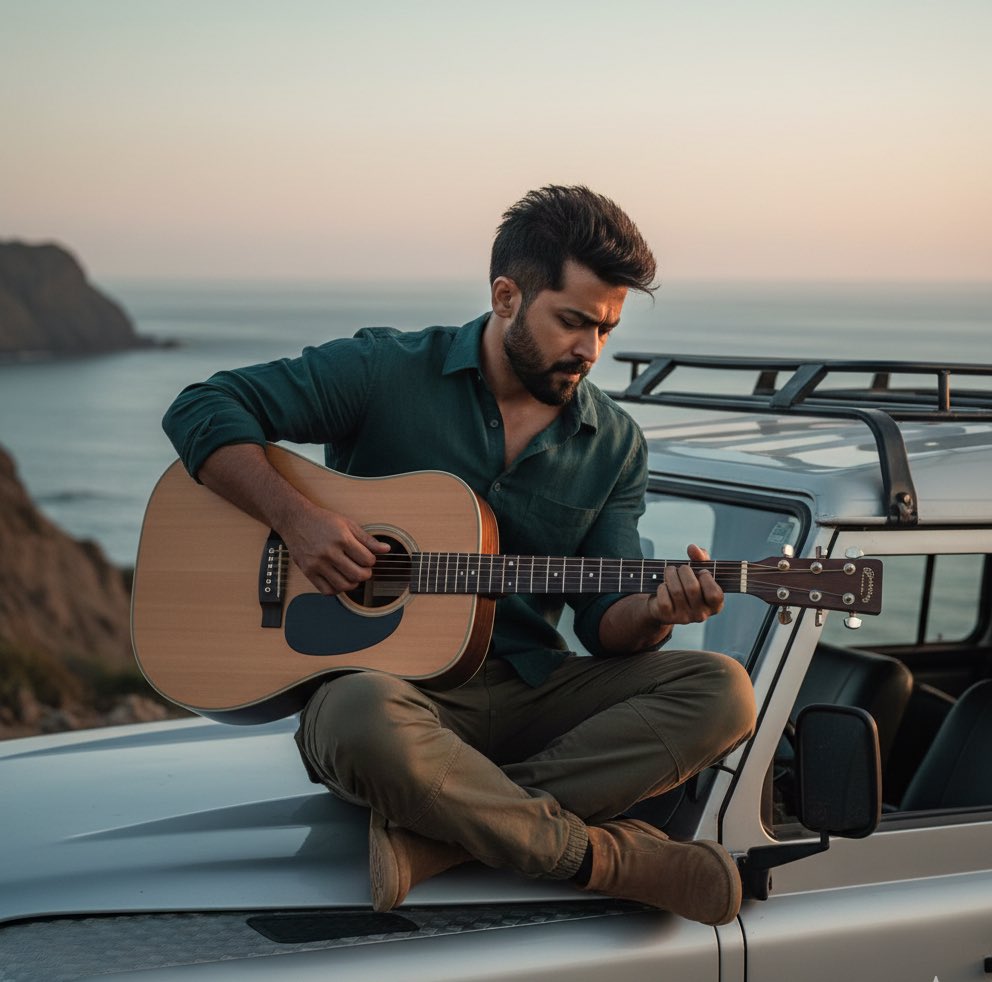 海边日落时分专注弹奏吉他的男子