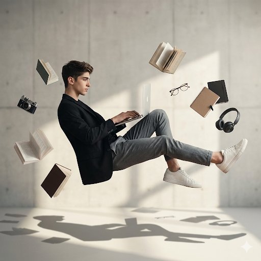 现代极简风格房间中漂浮的男子