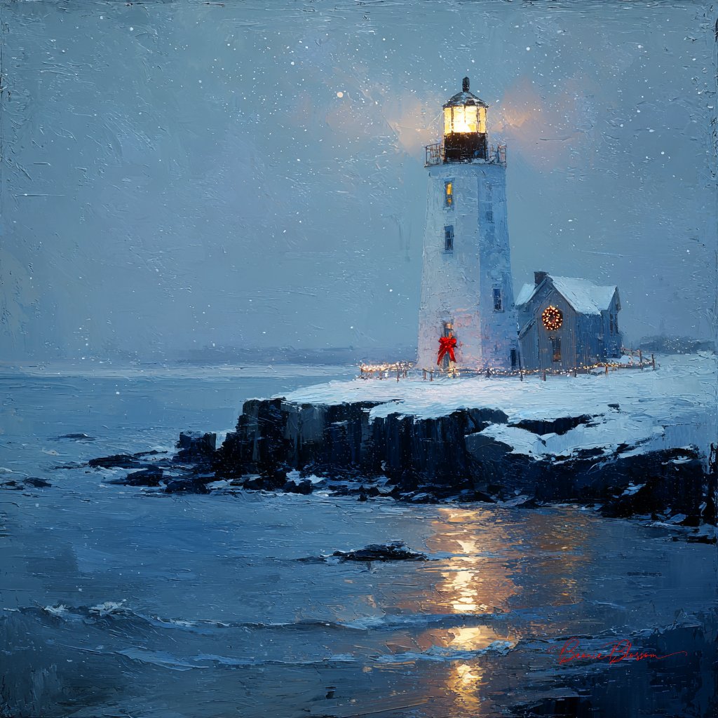 圣诞前夕海边雪地上的孤独灯塔