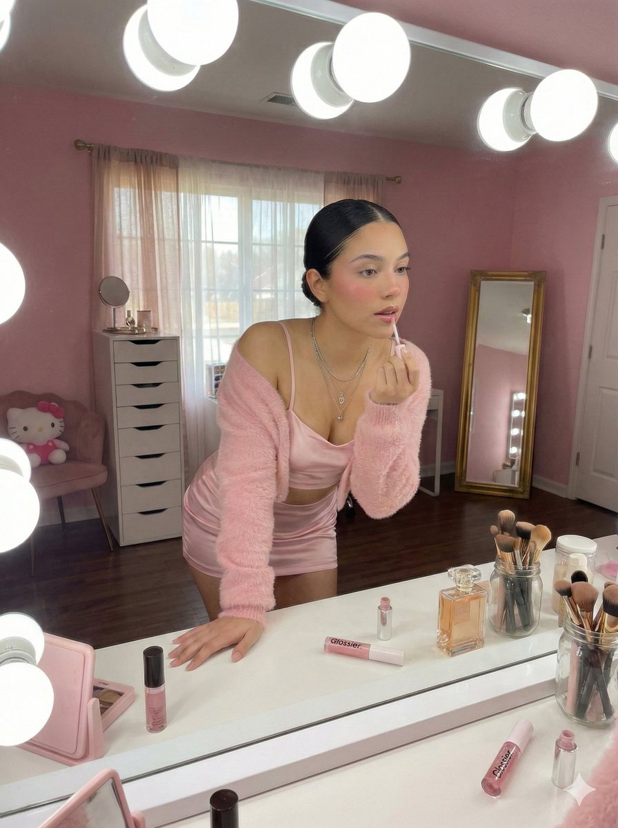 粉色主题卧室中的自信少女