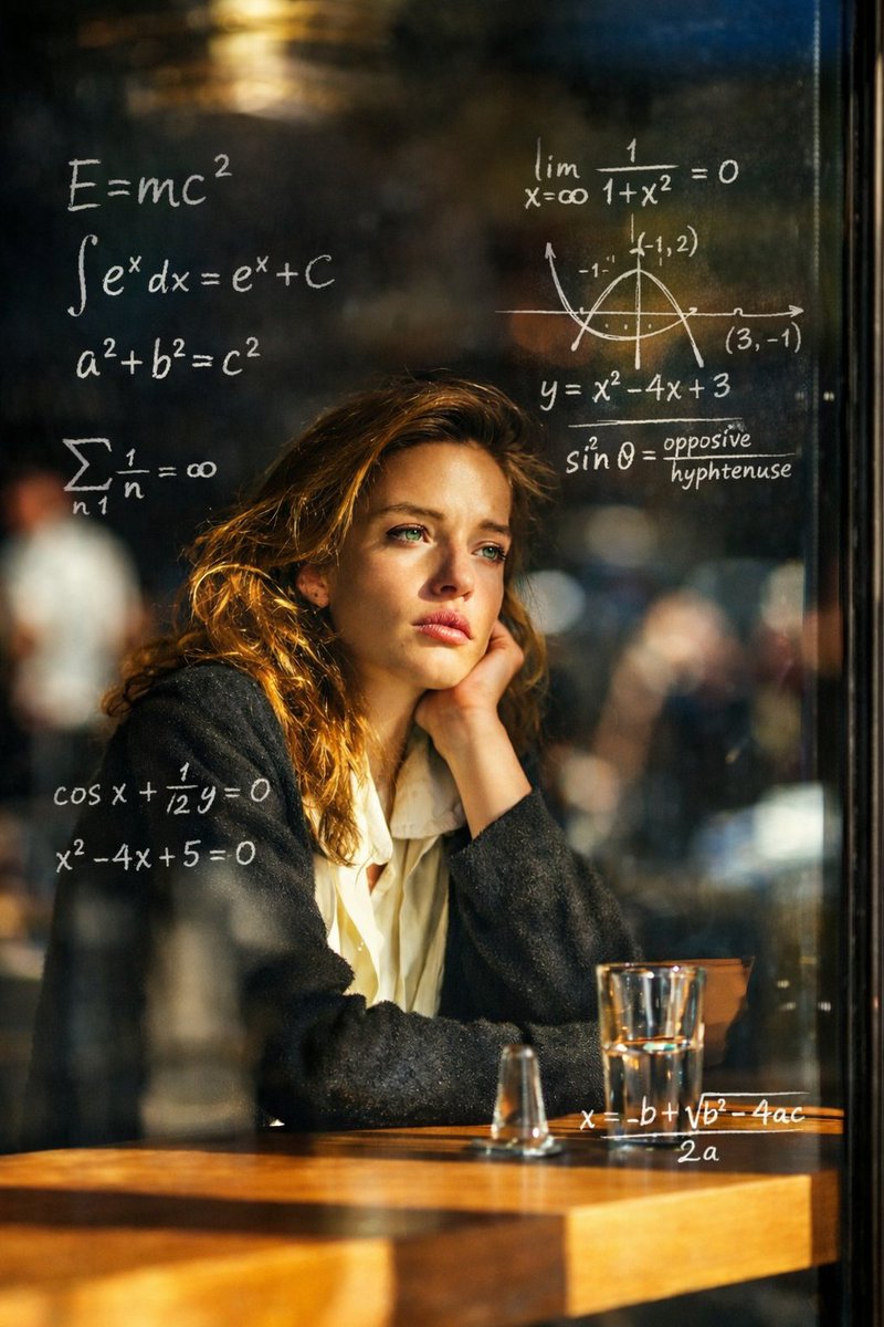 沉思的年轻女子与数学方程