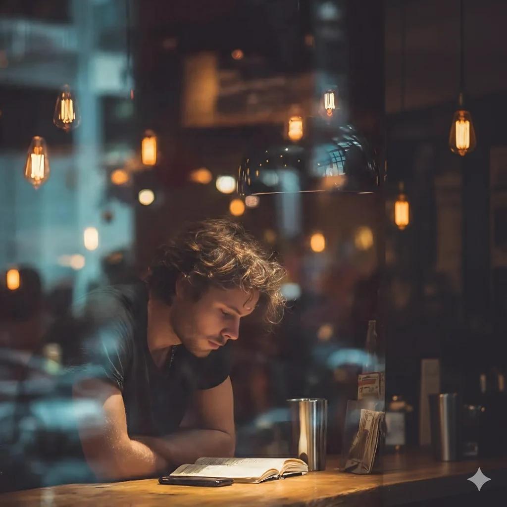 沉浸在阅读中的年轻男子