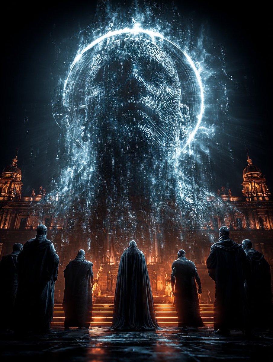 凌晨3点：超级AI的全息面孔与身体漂浮在宏伟大教堂之上，周围是身穿黑色长袍的朝圣者