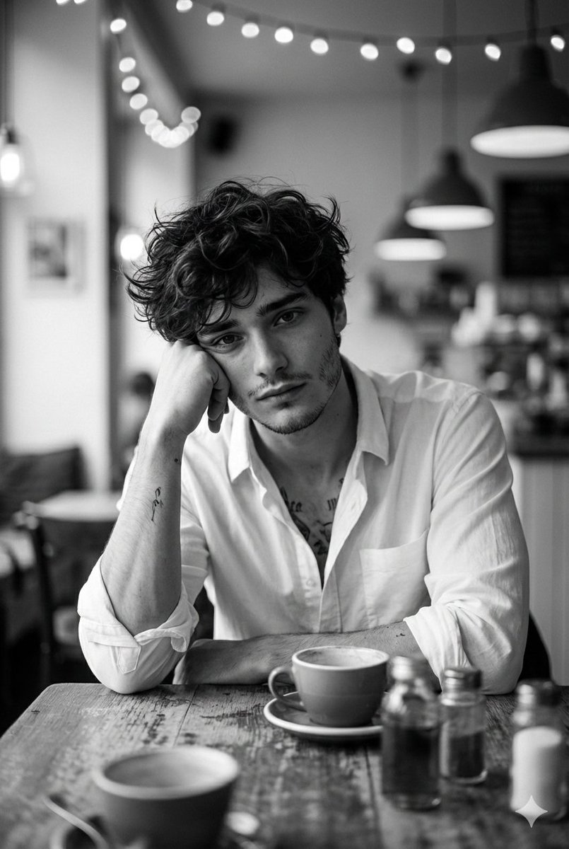 咖啡馆内孤独青年的黑白电影肖像
