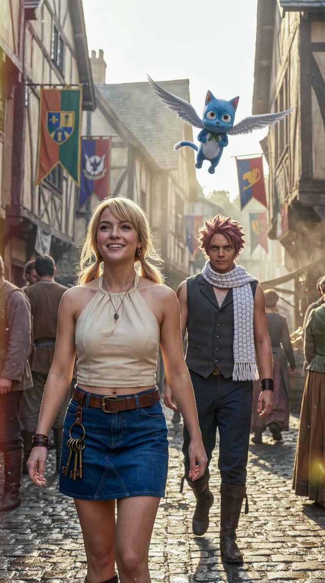 Lucy Heartfilia, Natsu Dragneel, 和 Happy 在 Magnolia 街景中的电影剧照