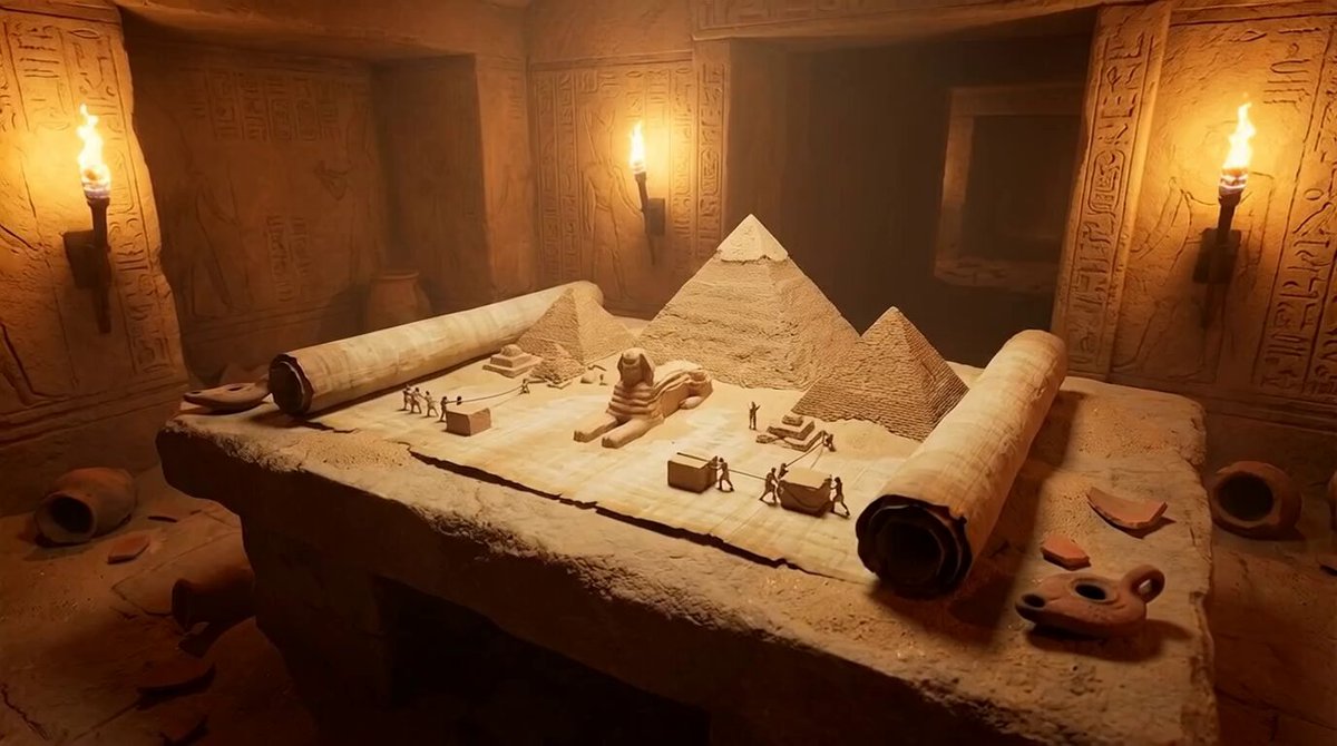 古埃及主题：展开的纸莎草卷轴与金字塔和狮身人面像