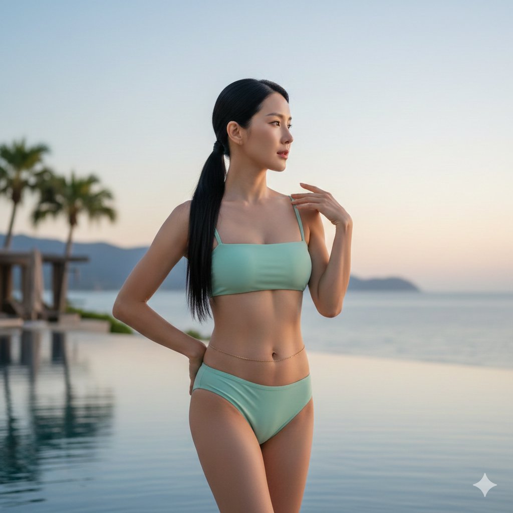 韩国特征成人女性，黑色马尾，糖果薄荷色比基尼，在无边际泳池旁摆姿势，豪华度假村，柔和电影背景模糊