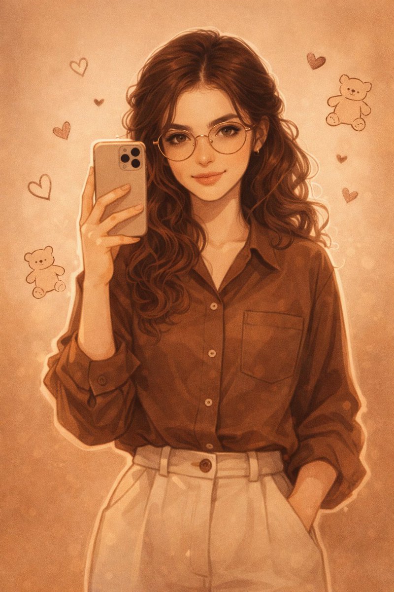 美丽少女镜前自拍插画