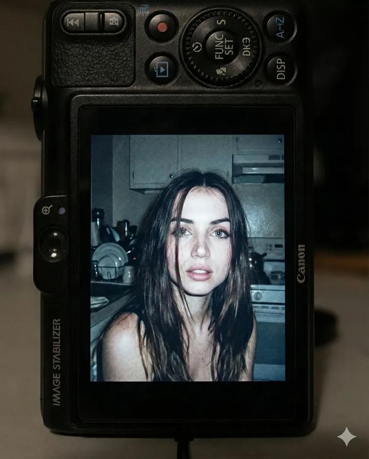 使用参考照片面部特征的年轻女性使用紧凑型数码相机